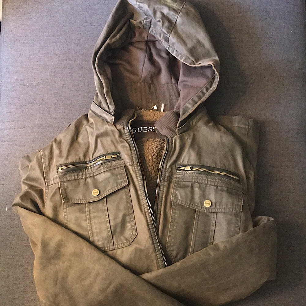 Large, brown, faux leather  Guess jacket with hood